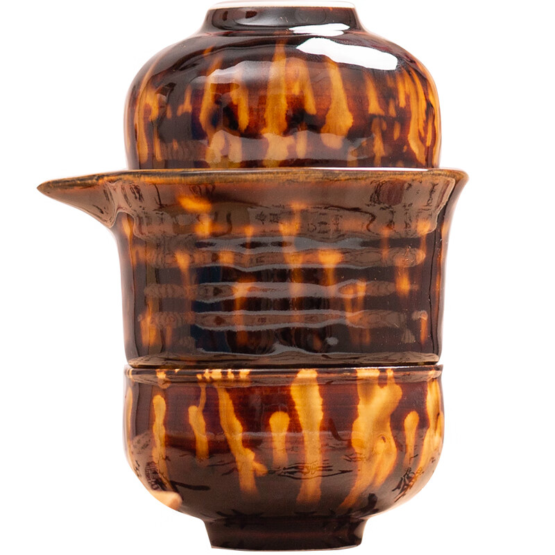 吉州窑陶瓷复古玳瑁釉快客杯茶具一壶两杯陶瓷功夫茶礼盒旅行套装年会