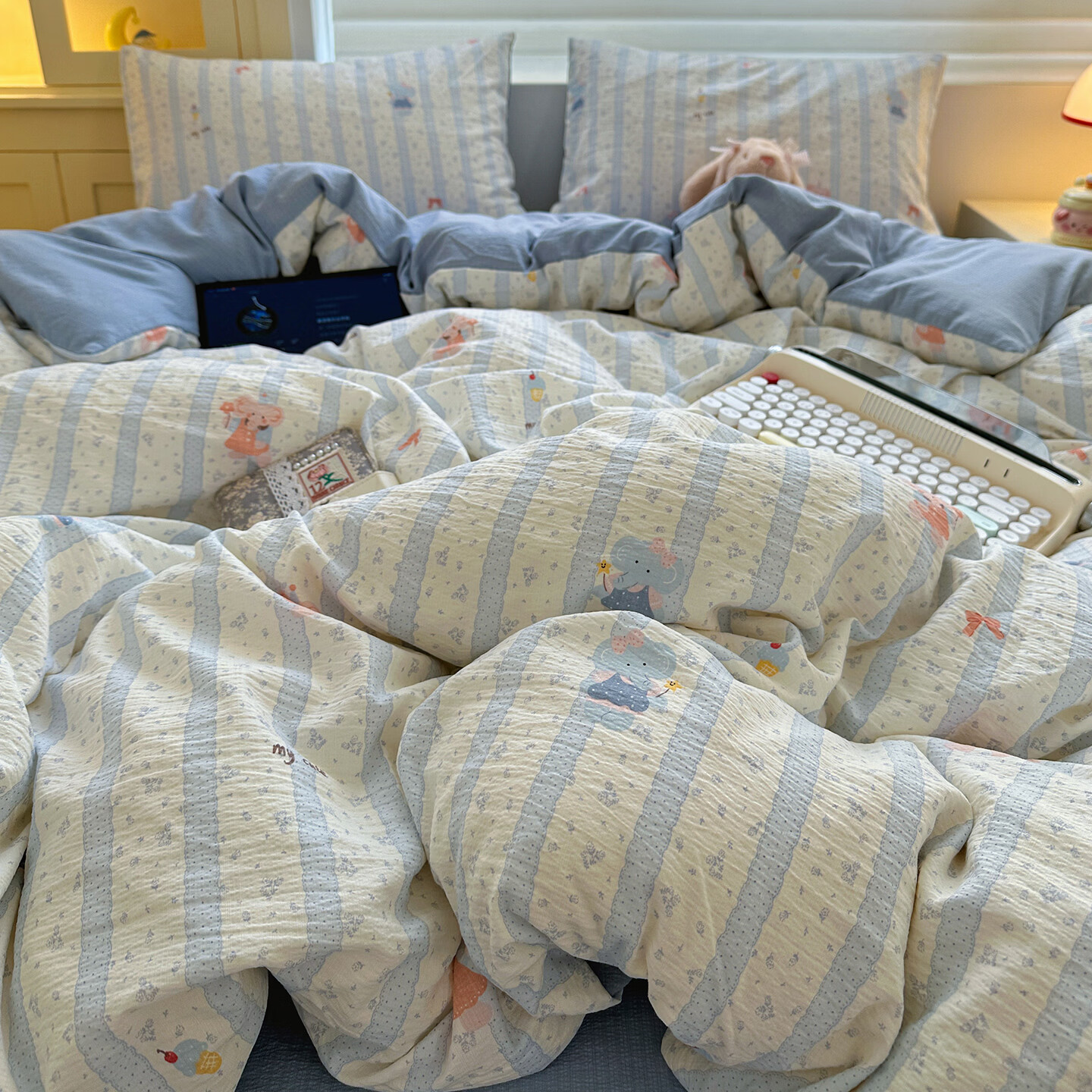 VJE云感水洗棉双层纱四件套亲肤柔软高克重床单被套卡通学生三件套 绒绒象 三件套0.9m 床单款 （被套150*200cm）