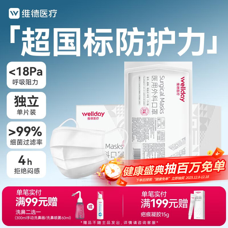 维德（WELLDAY）一次性医用外科口罩50只白色纸塑独立装防沙尘防鼻炎过敏灭菌级