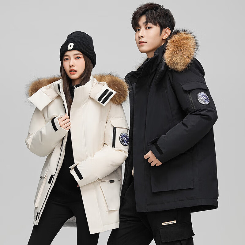 国际标准羽绒服（已质检）骆驼工装潮牌高品质国标服男中长款大毛 黑色 3XL