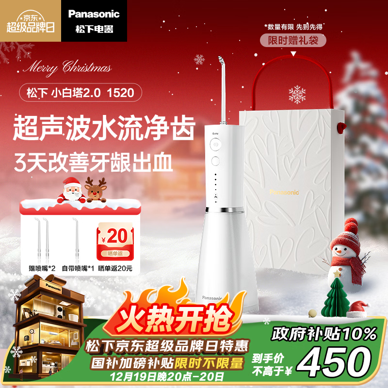 松下（Panasonic）冲牙器成人儿童洗牙器水牙线超声波洁牙器牙齿冲洗器牙结石圣诞礼物国家补贴 小白塔2.0 EW1520