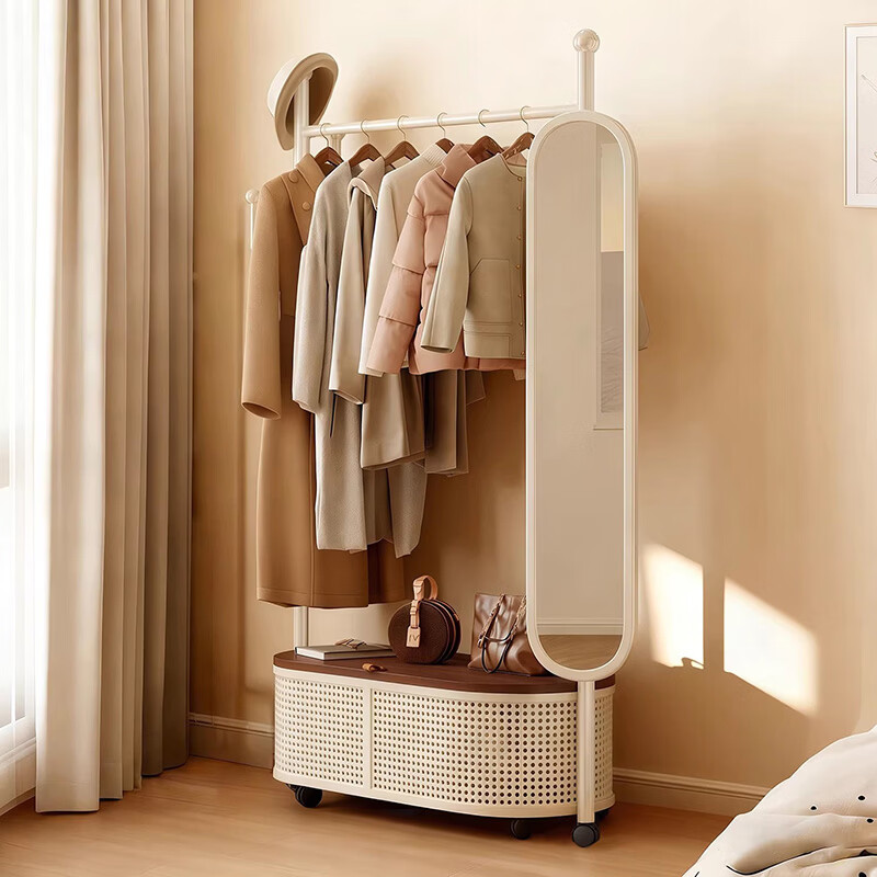 吱凡日本挂衣架落地卧室衣帽架全身镜一体家用穿衣镜可移动衣服置物架 梨花白80cm-原木色盖板【送旋转全身镜】