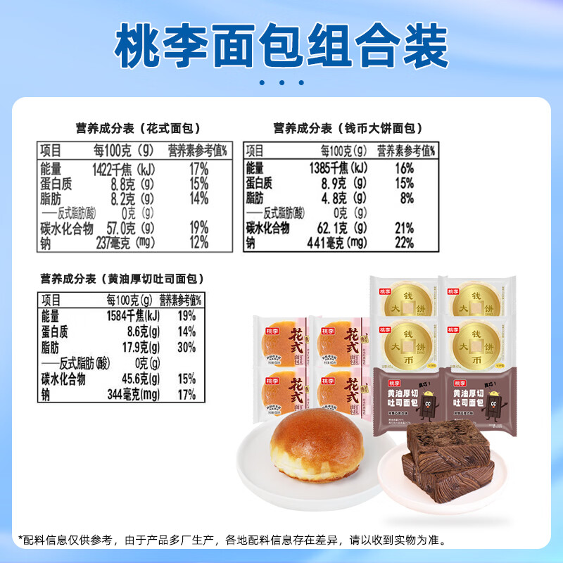 桃李组合面包710g花式黄油厚切吐司夹馅面包营养早餐休闲零食整箱面包 黄油厚切2袋+钱币4袋+花式4袋