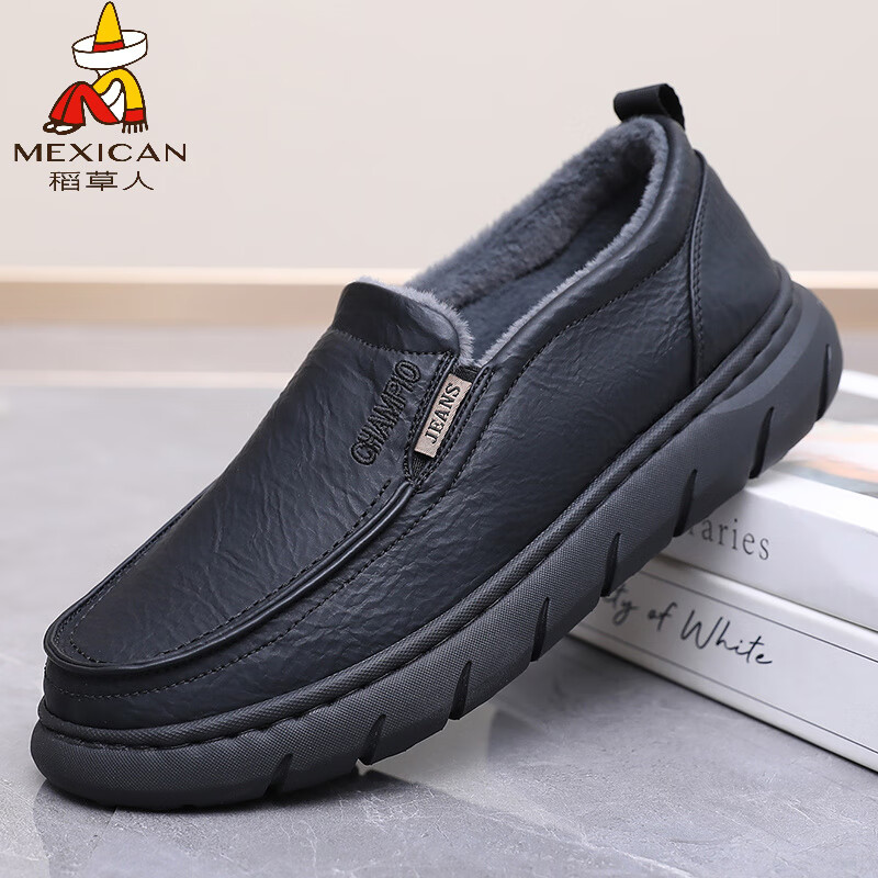 稻草人（MEXICAN）老北京布鞋男2026新款二棉鞋薄绒一脚蹬秋冬季防水防滑休闲爸爸鞋 黑色 38 标准码