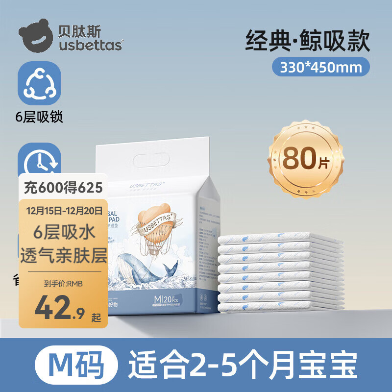 贝肽斯新生婴儿一次性隔尿垫宝宝专用护理垫透气防水大尺寸不可洗 M码80片-热销款-单片低至0.53元 0x0cm