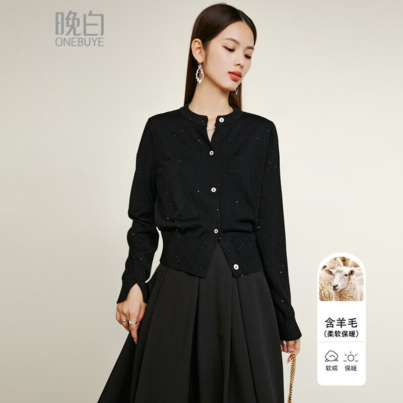 晚白【断码清仓】冬款时尚圆领上衣柔软舒适休闲百搭针织开衫女 黑色 S