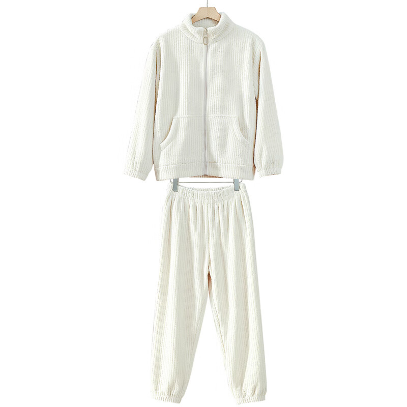 迷黎珊瑚绒睡衣女加绒保暖拉链款休闲运动风少女家居服套装可外穿 米白色 运动型居家服 XL 推荐体重120-140斤