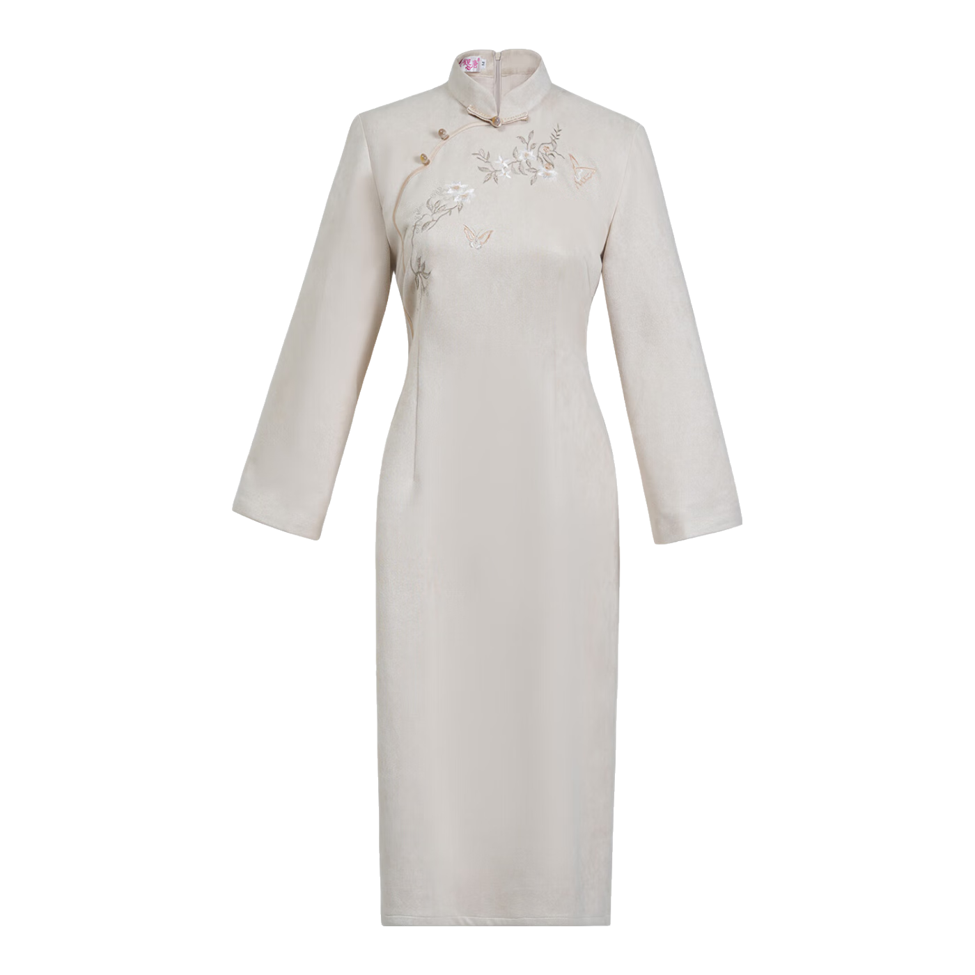 秀觀唐秀观唐花雅2025秋冬装新款麂皮绒绣花改良中国风长袖旗袍连衣裙 杏色 L