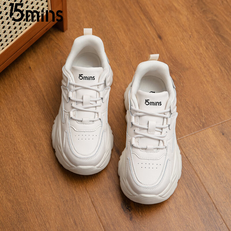 15MINS厚底老爹鞋2025新款小个子增高运动休闲鞋百搭潮流高颜值女单鞋 米色 37