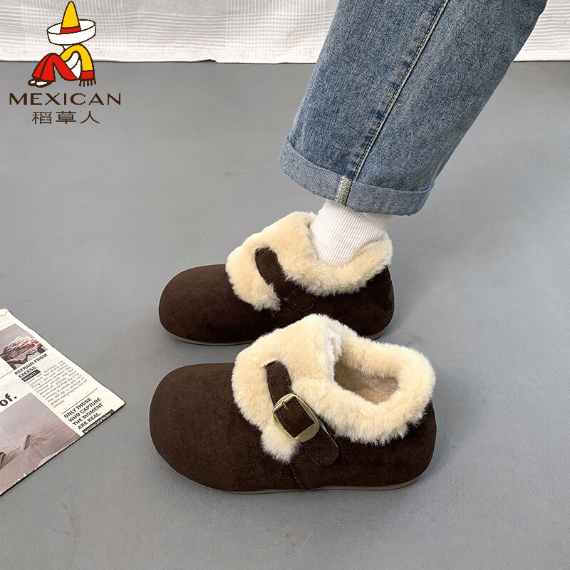 稻草人（MEXICAN）加绒勃肯鞋女2026年冬季新款皮毛一体防滑雪地靴复古厚底保暖棉鞋 棕色 35