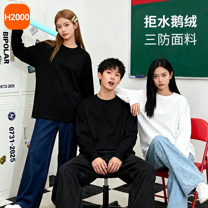 H 2000【鹦鹉梨严选】 2025年秋冬情侣休闲保暖三防鹅绒长袖T恤D5W40900 黑色 M 推荐105-120斤
