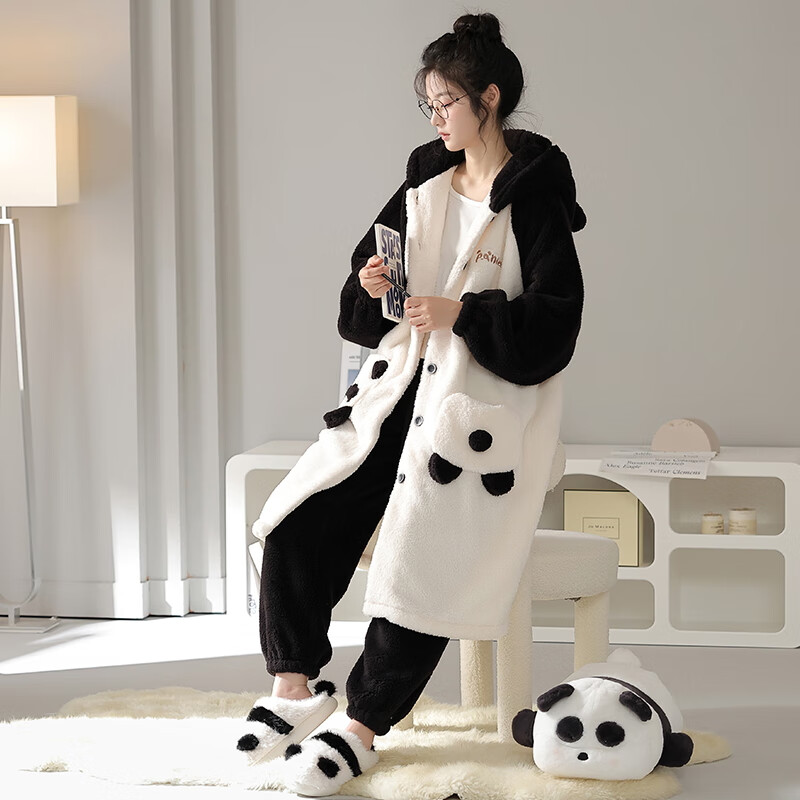 都市丽人睡衣冬女士秋冬季2026新款家居服加绒加厚睡裙女秋冬长款可外穿 黑白熊猫 2XL  (推荐140-160斤)
