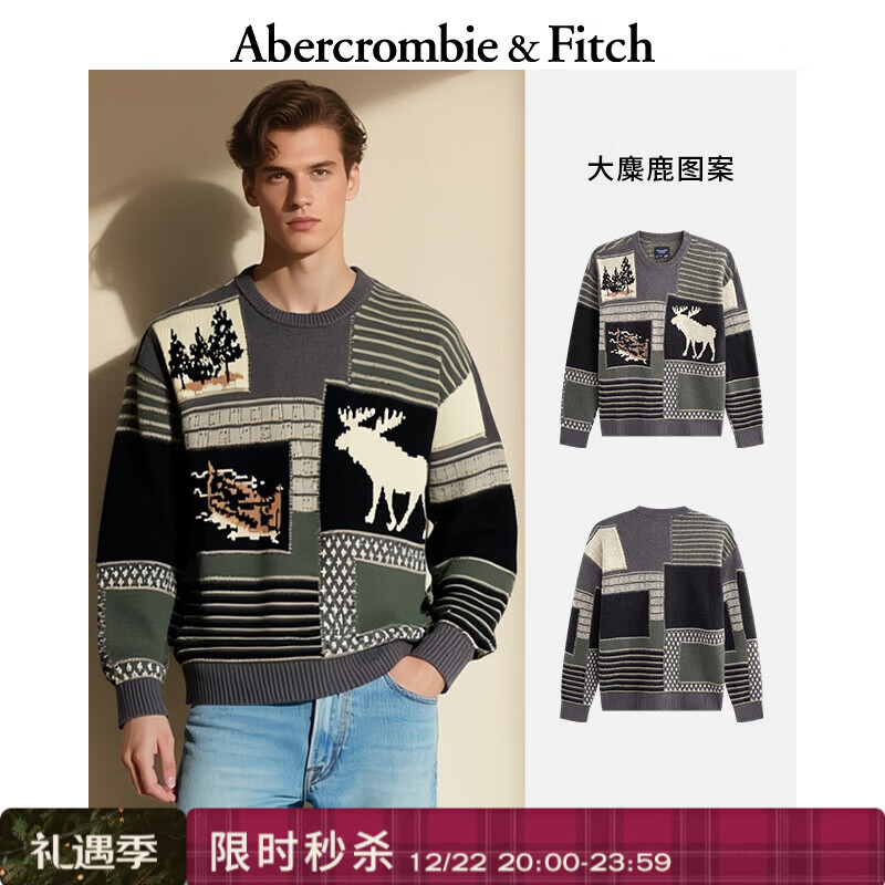 Abercrombie & Fitch【美式复古】大麋鹿图案圆领保暖毛衣针织衫25秋冬男装120-5181 黑灰图案 XS (170/84A)