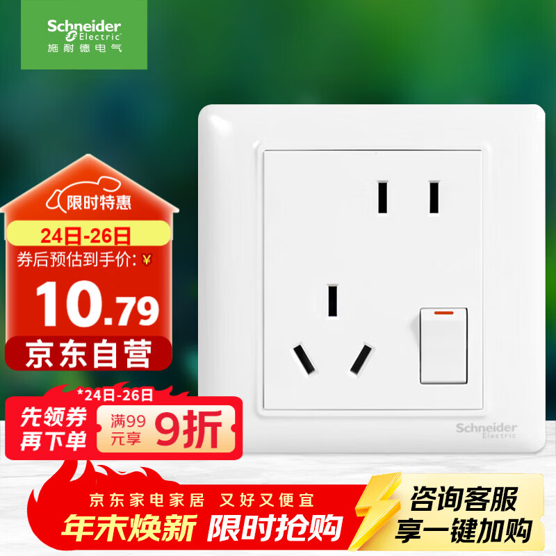 施耐德电气 错位五孔插座带开关 86型一开五孔电源开关插座面板睿意系列白色