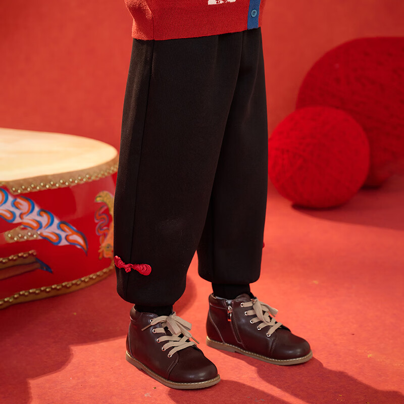 棉花堂（cottontown）【新年】棉花堂童装男童盘扣加绒裤女童拜年服新款儿童保暖束脚裤 黑色 90 90/50