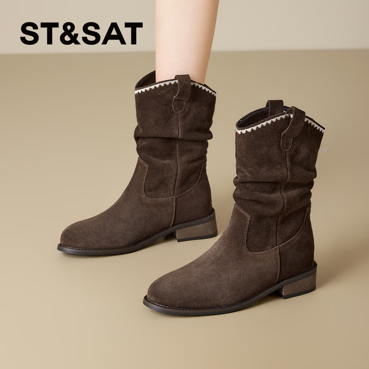 星期六西部牛仔靴女款2025新款秋季美拉德堆堆靴中筒粗跟短靴女靴 咖啡色 【牛剖层皮革】跟高3cm 35