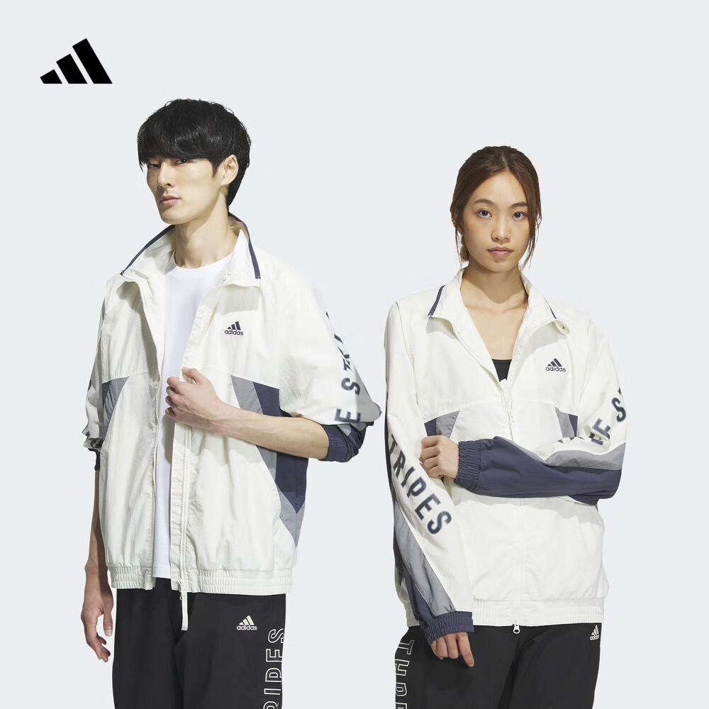 adidas情侣款休闲宽松立领夹克外套男女阿迪达斯官方轻运动 汉玉白   S  