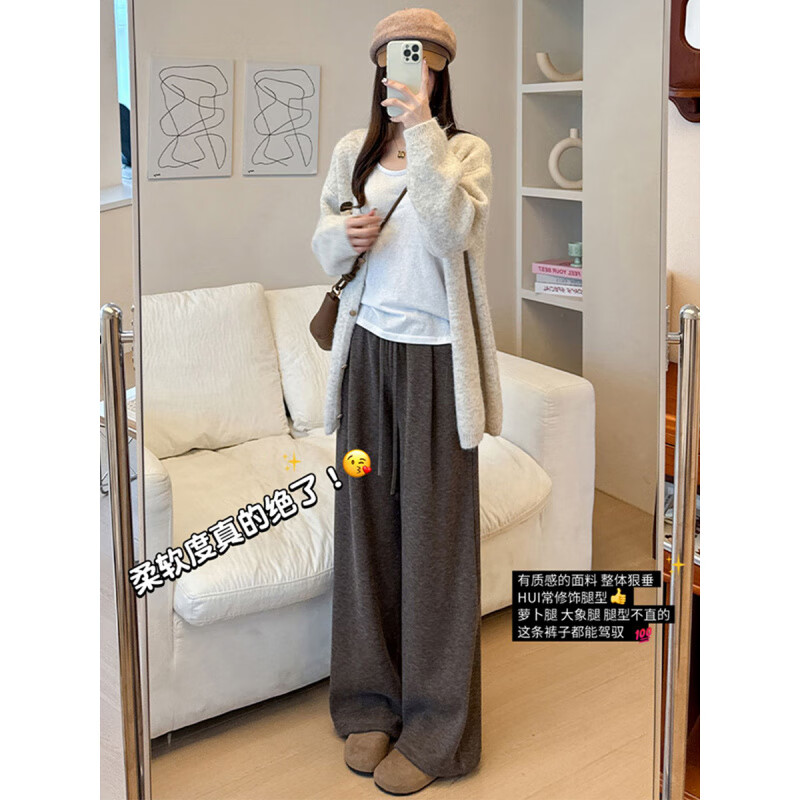 有只绵慵懒羊羔绒糯米裤子女秋冬加绒新款高腰休闲小个子直筒阔腿裤 黑色羊羔绒 加绒【无口袋】 XL 适合110-140