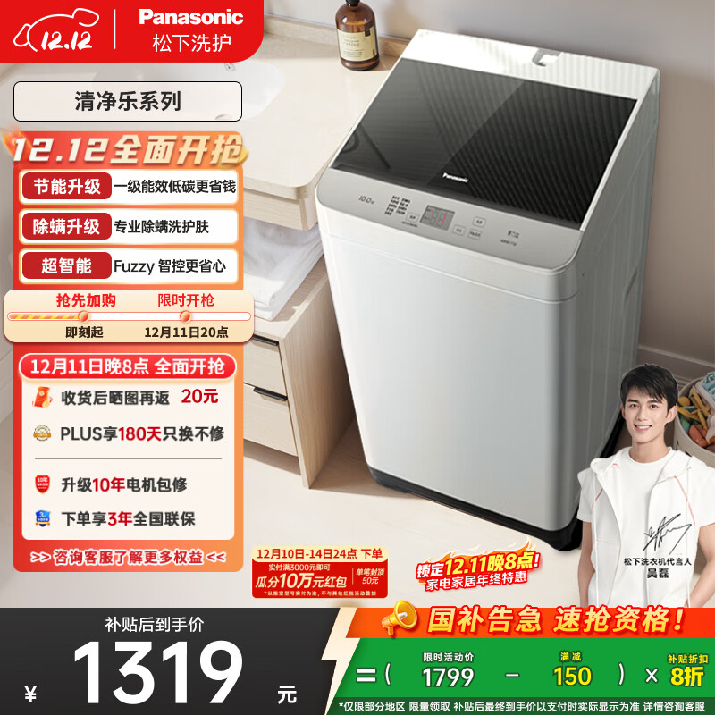 松下（Panasonic）【吴磊推荐】波轮洗衣机全自动10公斤大容量 抗菌除螨智能桶洗净 内衣洗衣机国家补贴XQB100