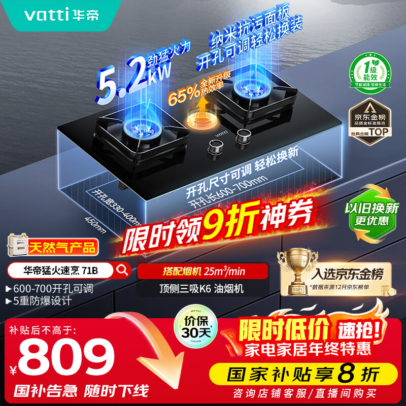 华帝（VATTI）国家补贴20%燃气灶天然气灶嵌入式台式一级能效5.2kW猛火煤气炉双灶台灶具i10071B【天然气产品
