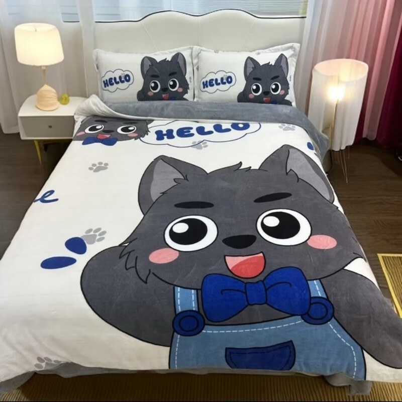 卡通牛奶绒四件套A类加厚双面加绒被套床单床笠款床上用品三件套 牛奶绒-小灰灰 【加绒加厚 抗静电】 0.9m宿舍床【床单款三件套】适合150x200被