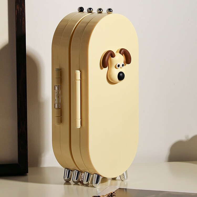 纳妆屏风首饰收纳盒耳环耳钉项链手链饰品盒家用多功能折叠展示架 奶油色屏风首饰架【带小狗贴-大容量】