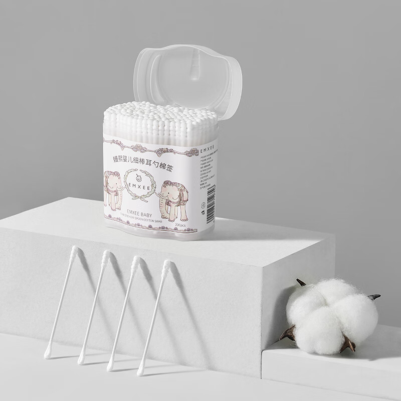 嫚熙（EMXEE）婴儿棉棒掏耳宝宝专用挖耳朵鼻屎细儿童棉棒新生婴儿双头棉棒 耳勺棉棒（1盒装共200支）