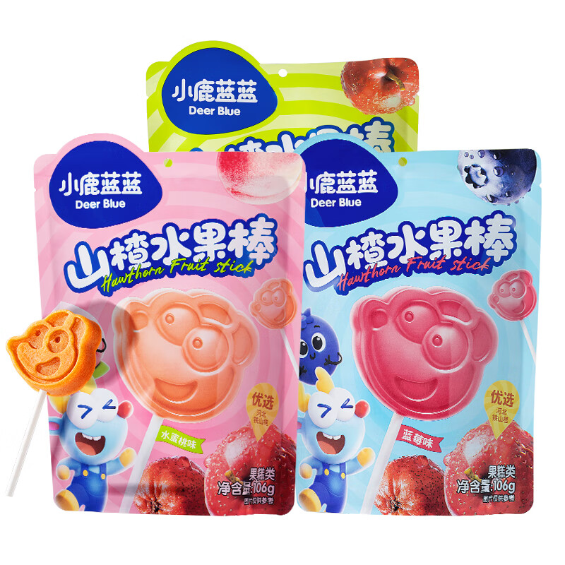 小鹿蓝蓝山楂棒棒糖宝宝零食儿童健康鲜果膳食纤维1岁以上 【3种口味】山楂水果棒3袋/318g