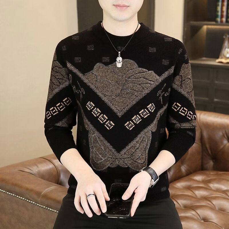 男士冬季新款提花个性时尚潮牌线衣保暖针织衫CLjn提花圆领卫衣jd 黑色（轻奢欧版） 3XL （建议160-180斤）