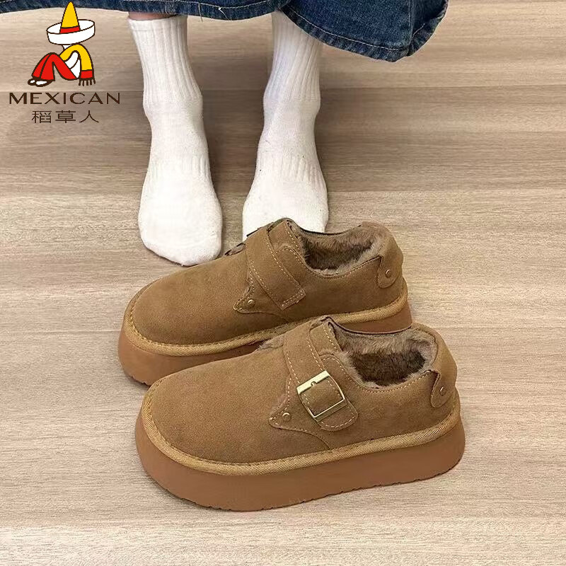 稻草人（MEXICAN）牛皮版厚底增高加绒勃肯鞋保暖一脚蹬棉鞋女百搭单鞋休闲毛毛鞋 棕色 35