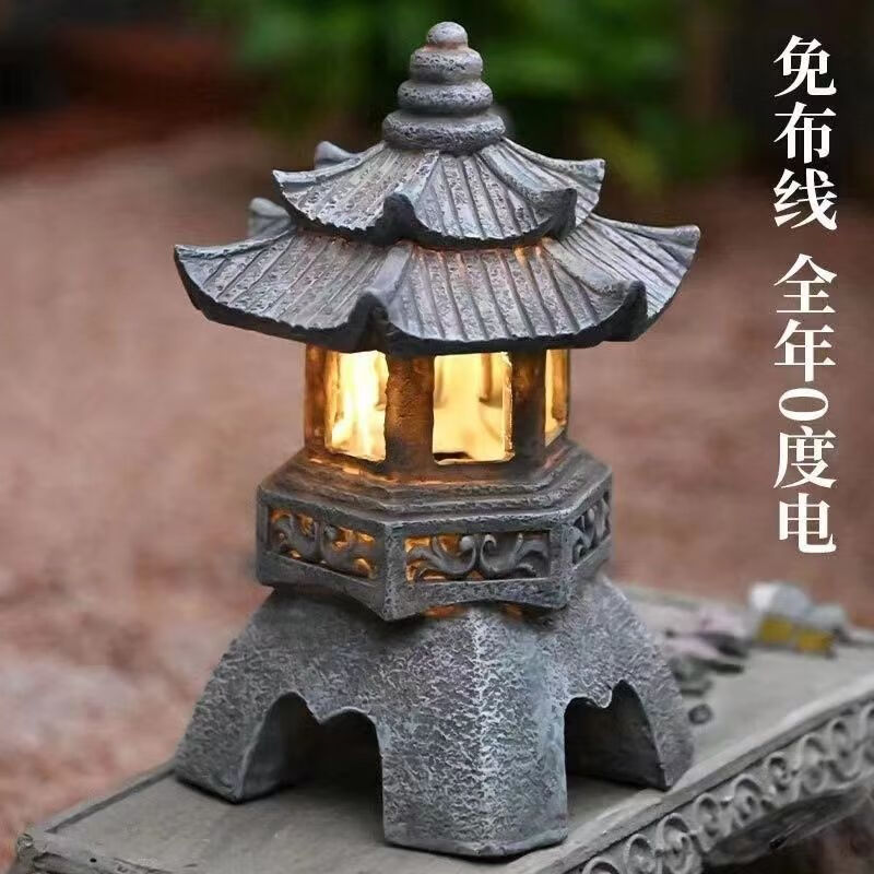 OYKTN中式太阳能庭院灯仿古庭院灯亭子树脂装饰摆件花园庭院灯雕塑户外 尖顶宫灯