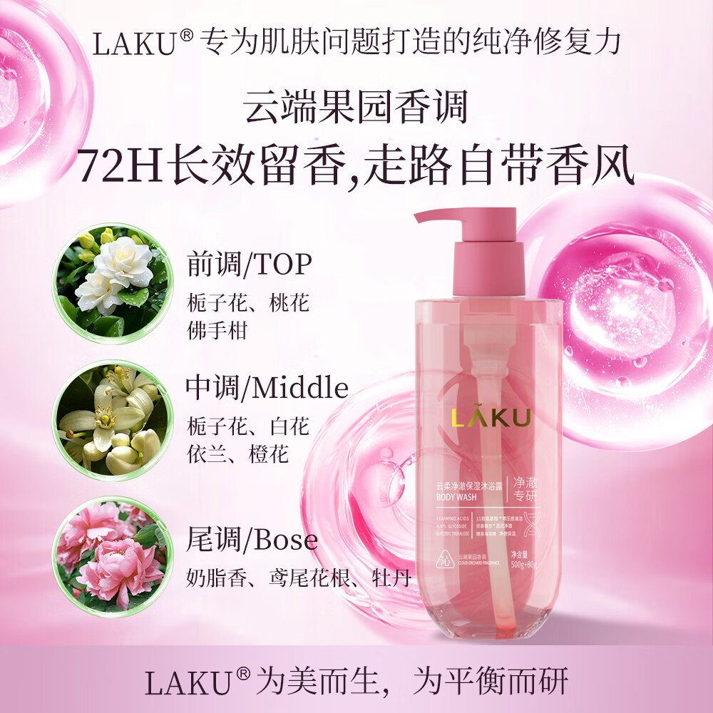 LAKU乐晳珂沐浴露氨基酸云柔净澈保湿嫩滑留香男女士家庭装沐浴乳 【净澈专研】净澈保湿沐浴露500g