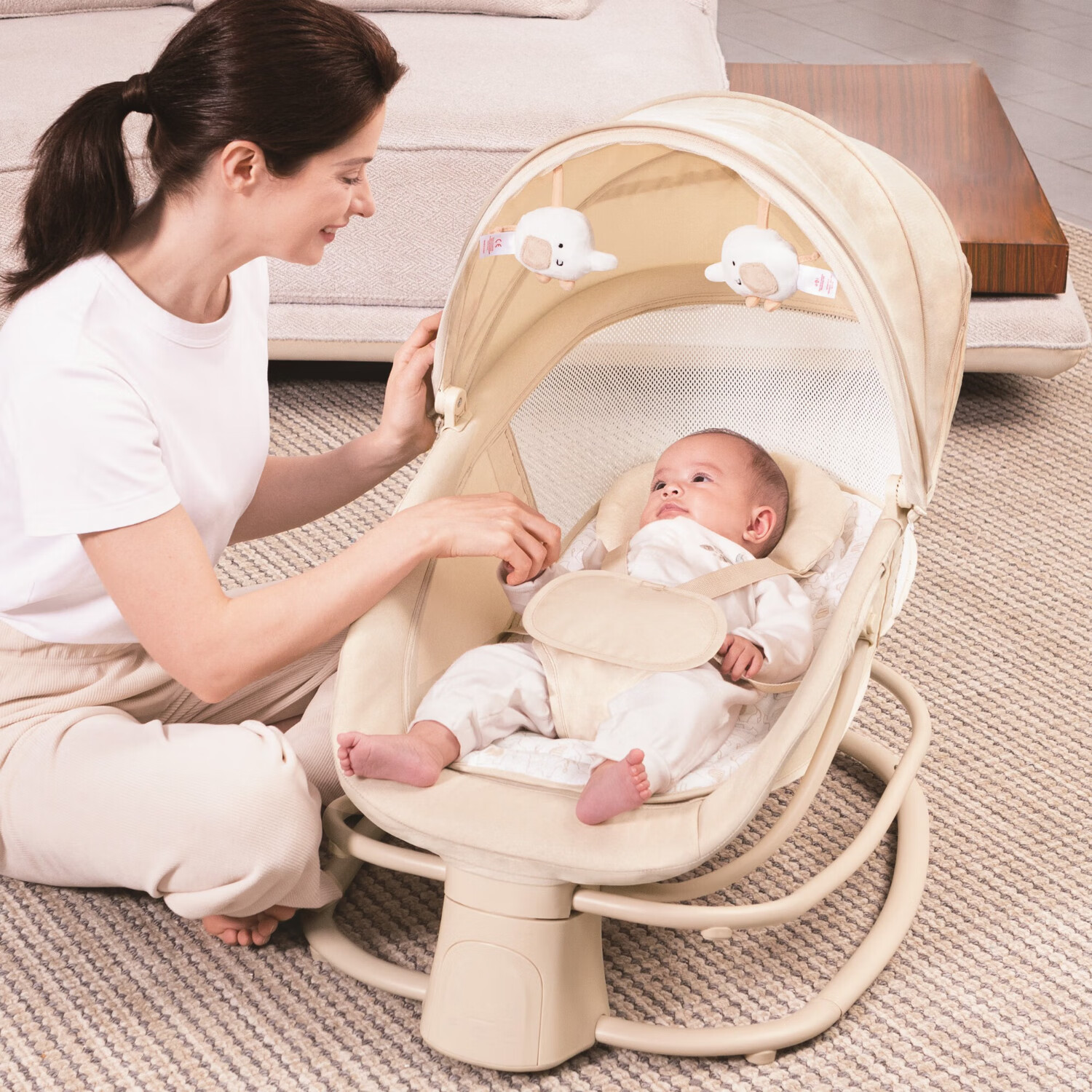 MASTELA哄娃神器新生儿婴儿电动摇摇椅婴幼儿安抚摇篮椅宝宝摇椅可躺可坐 四合一摇椅卡其色（带餐盘）