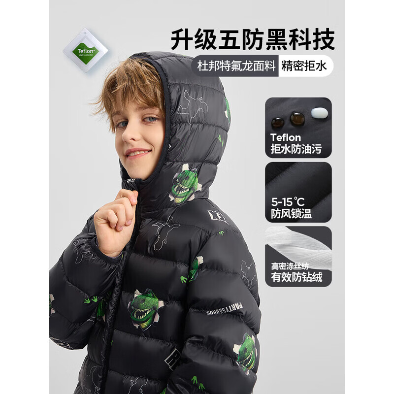 迪士尼(Disney)男女童90绒轻薄羽绒服2026秋冬季卡通满印中大童保暖连帽羽绒外套 黑色 【五防科技面料】 110 【建议身高105-115cm,体重30-40斤】