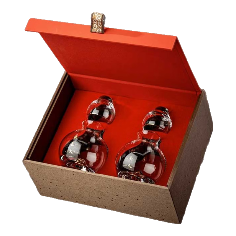 摩森高端水晶葫蘆金邊白酒杯套裝酒具分酒器一口杯酒盅飯酒店商用送禮 福祿長久葫蘆2壺2壺-禮盒裝