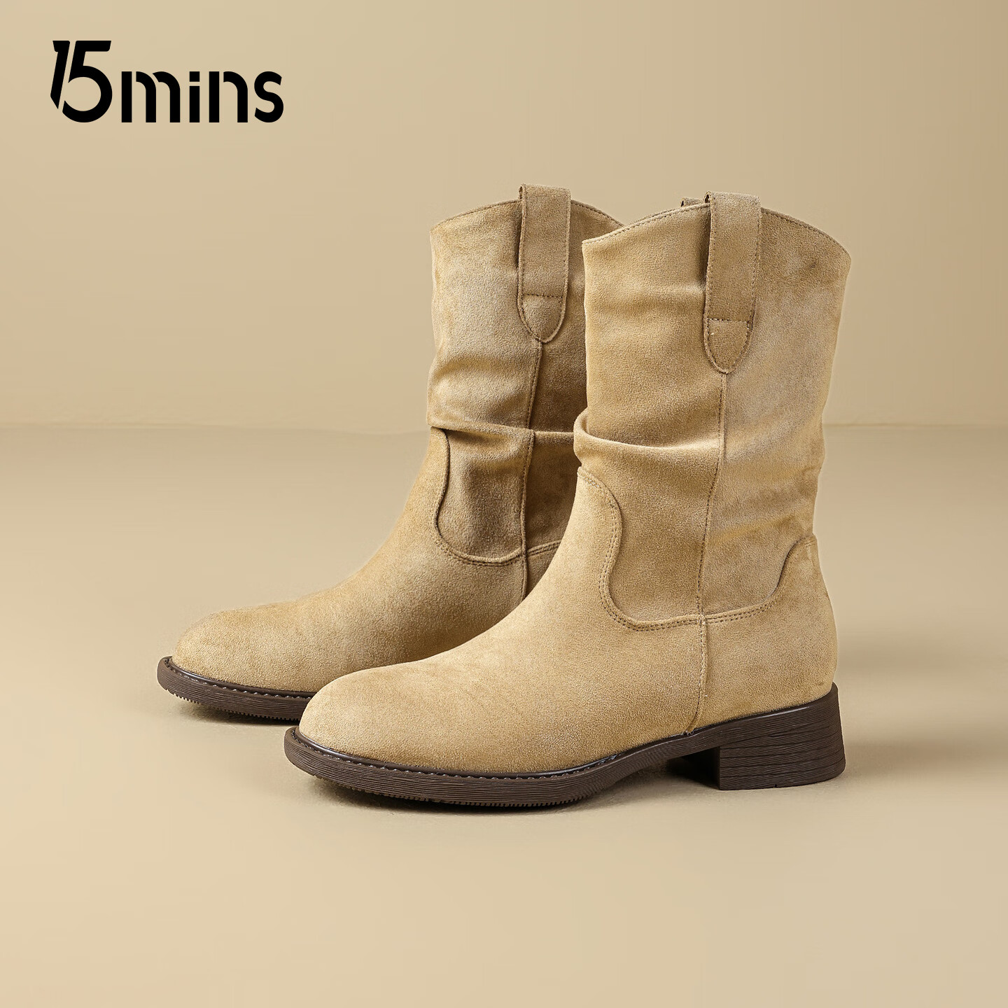 15MINS时装靴女2026冬新款短靴女复古简约厚底增高显瘦显腿长堆堆靴女鞋 D2575BQ5杏色 37