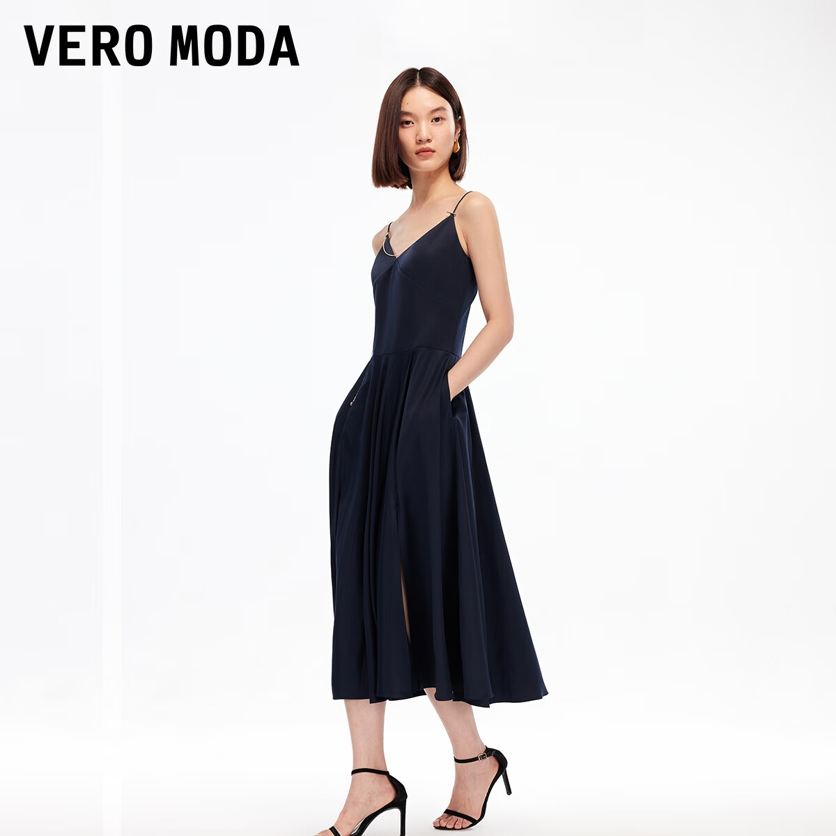 veromoda连衣裙秋季精美链条装饰开衩吊带裙32537a001 海蓝色 xl