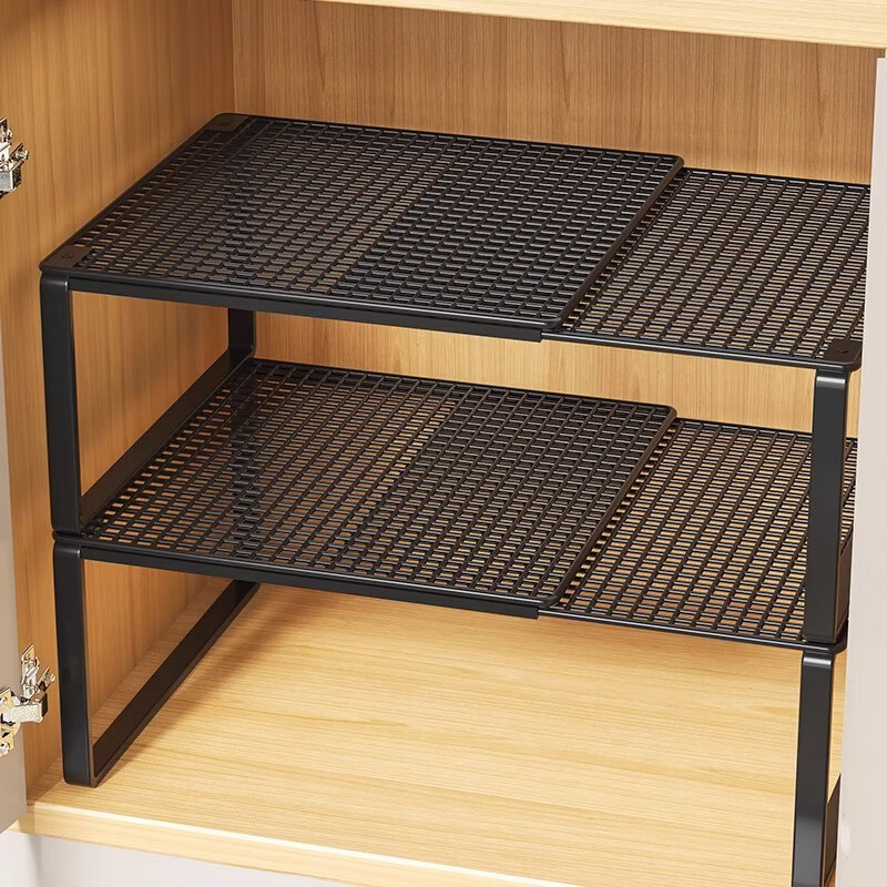 馨婺家可伸缩厨房橱柜分层置物架柜内隔板台面下水槽调料碗盘锅具收纳架 黑色-伸缩27-38*27*22【单层】