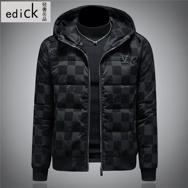 Edick意大利风品牌高端连帽羽绒服男款冬季2025新款短款修身羽绒衣外套 黑色 M (100-120斤）