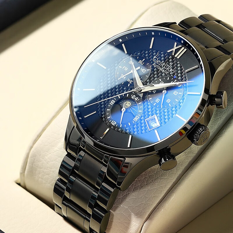 邦顿(bestdon)瑞士认证手表男多功能运动商务夜光大表盘手表  黑壳