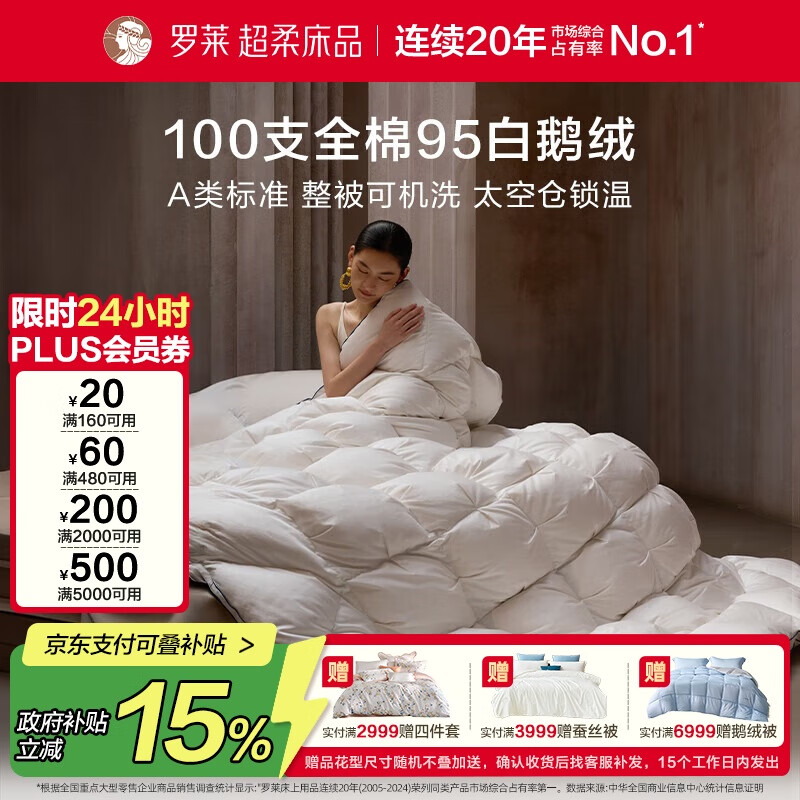 罗莱家纺 羽绒被子 A类95%水洗白鹅绒100支全棉立体防风工艺冬被芯
