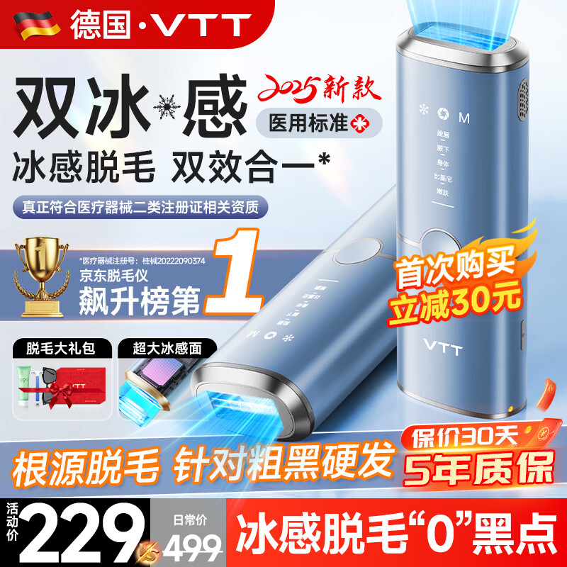 VTT【德国】脱毛仪冰点家用激光全身脱毛医用永久去毛蓝宝石冰感私处腋下唇毛男士学生女士生日礼物 【石英晶体】双重冰点+强劲纳米红光+粗硬毛发