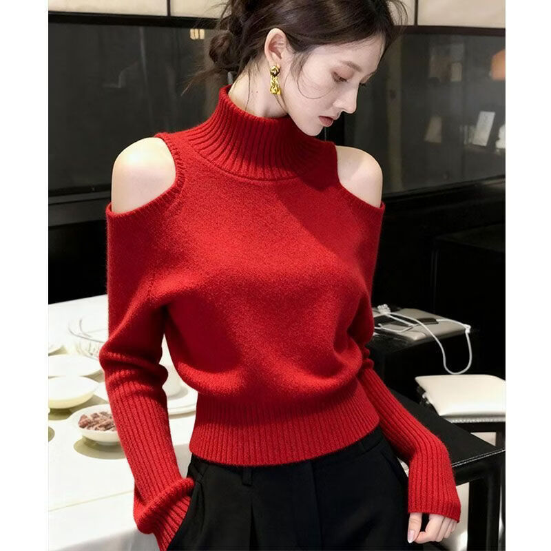 蓝色高领露肩毛衣女冬高级感独特漂亮减龄气质小香风掐腰针织上衣 酒红色 均码 (建议85-130斤