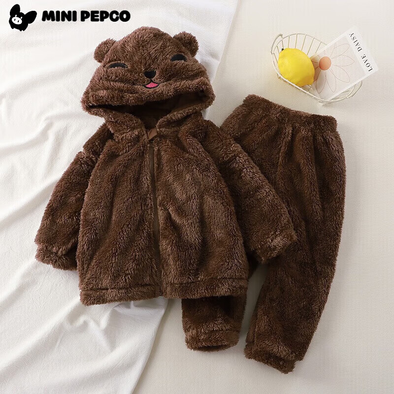 小猪班纳(PEPCO)儿童毛绒上衣秋冬儿童连帽加绒保暖毛绒家居服套装毛毛衣 黑+白【毛绒熊猫连帽套装】 120 cm