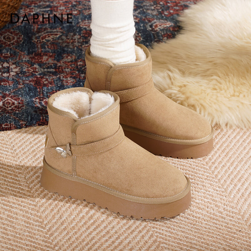 达芙妮厚底雪地靴女款2025新款冬季棉靴加绒保暖棉鞋女皮带扣加厚短靴LP 驼色 加绒 （蝴蝶结款） 36