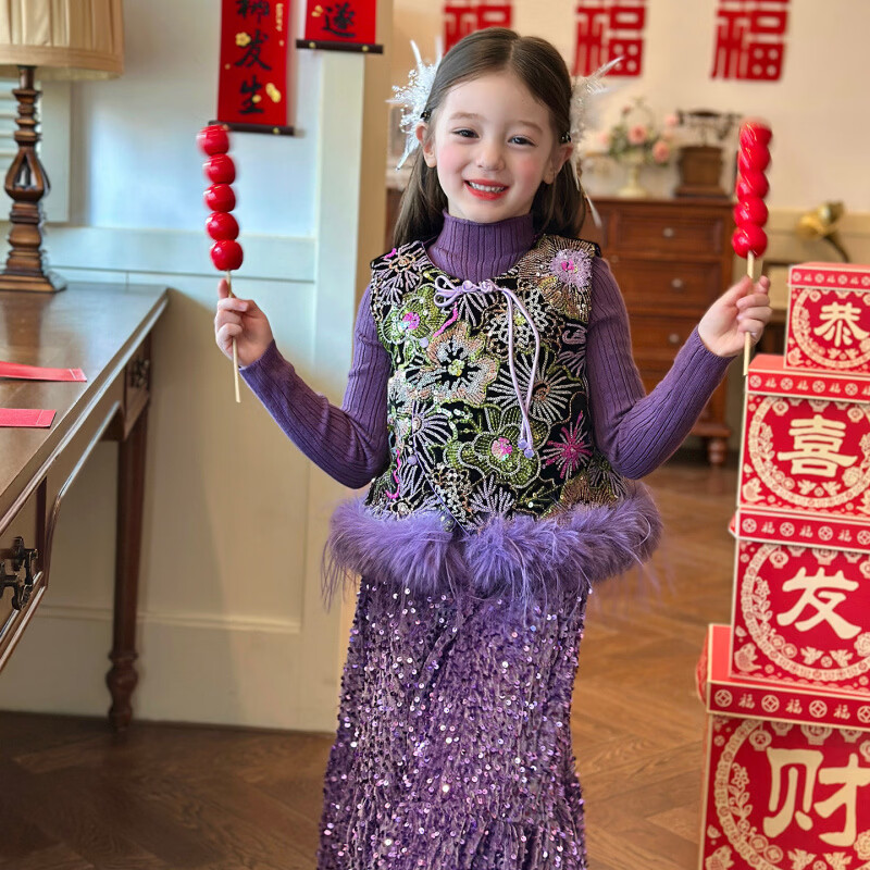 栀了成长记童装女童新年唐装上衣2025冬季儿童新中式国风夹棉马甲 紫色 马甲 160