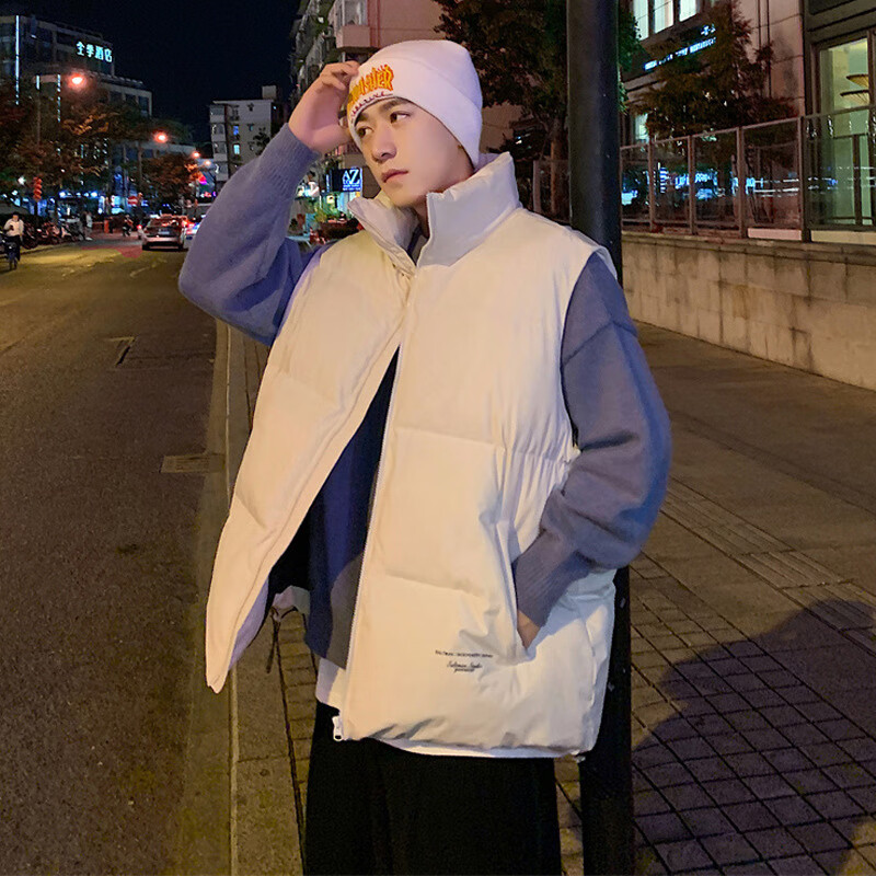 棉服马甲男秋冬季新款韩版潮流立领无袖棉衣背心休闲纯色坎肩外套 白色 M
