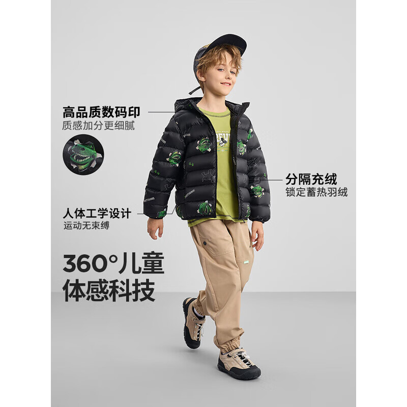 迪士尼(Disney)男女童90绒轻薄羽绒服2026秋冬季卡通满印中大童保暖连帽羽绒外套 黑色 【五防科技面料】 110 【建议身高105-115cm,体重30-40斤】