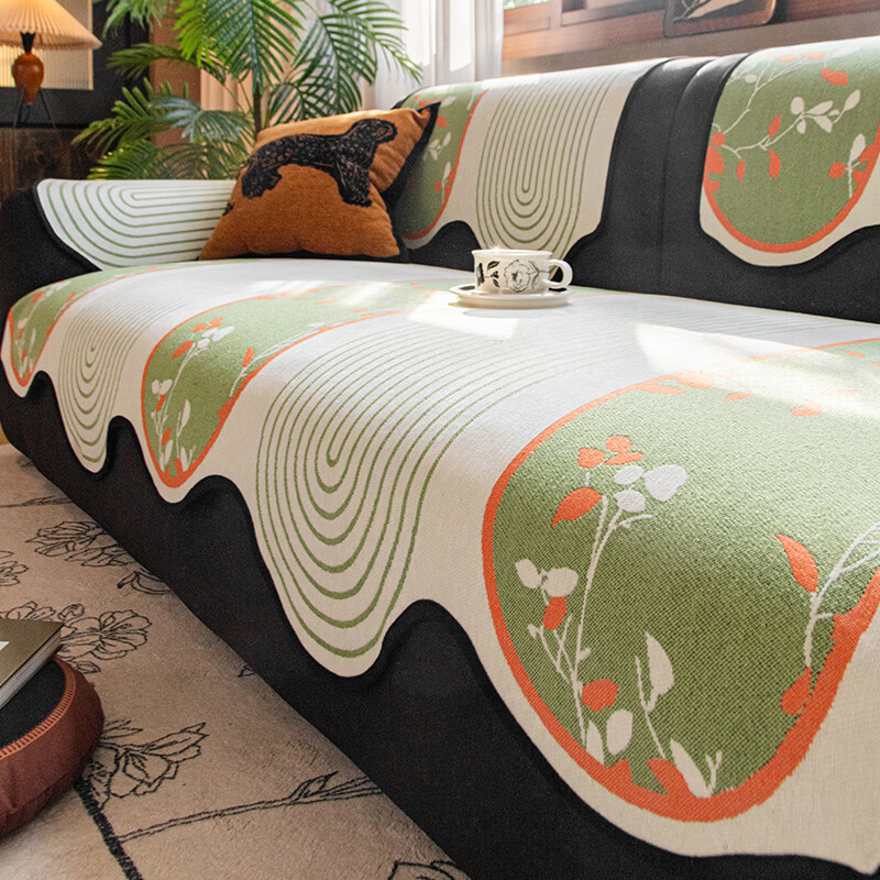 缔卓怡复古高级感沙发垫四季通用异形坐垫套罩一片式防滑防猫抓盖布巾 异形拱门-绿色 70cm*70cm