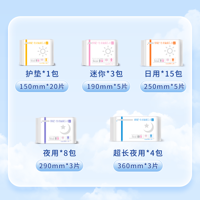 俏妃医护级超薄瞬吸透气竹纤维抑菌卫生巾 全周期竹柔礼盒